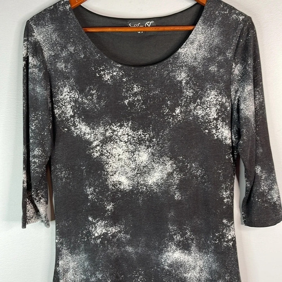 SMASHED LEMON Black Splatter Print Sheath Dress 1/2 Sleeve Midi Cosmic Space 8 - Picture 4 of 9